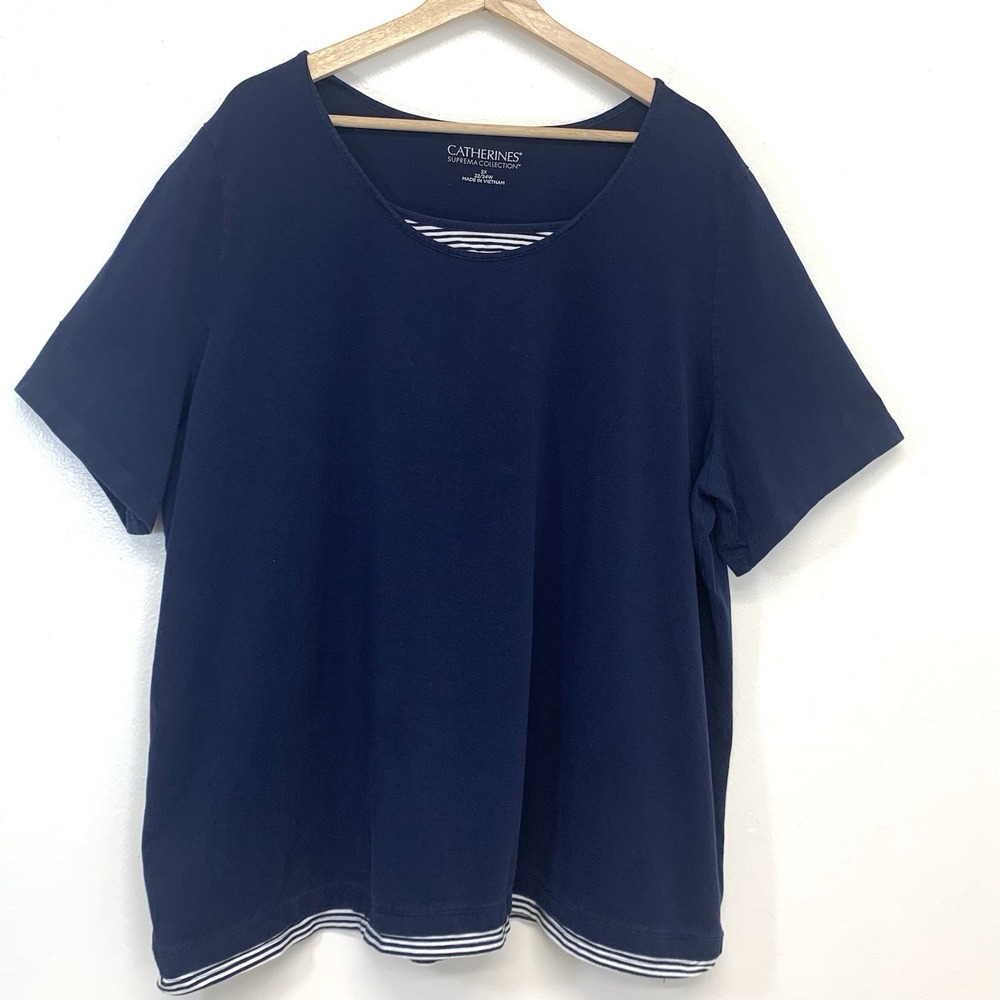 Catherines Suprima Navy Blue‎ Scoop Neck Top 2X Short Sleeve Stretch